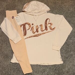 PINK Victoria's Secret Cream Hoodie and Tan Leggings Set